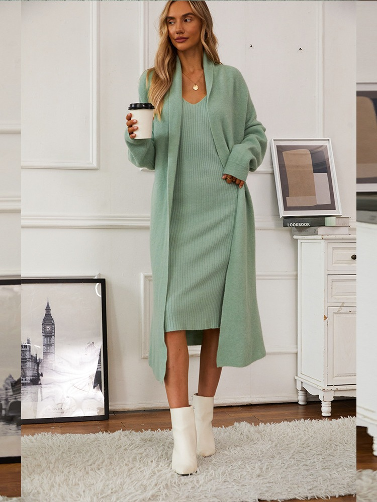 Damenbekleidung, gestrickter Anzug, elegantes Weste-Kleid für Damen + lange Strickjacke, heiß_voghion.com