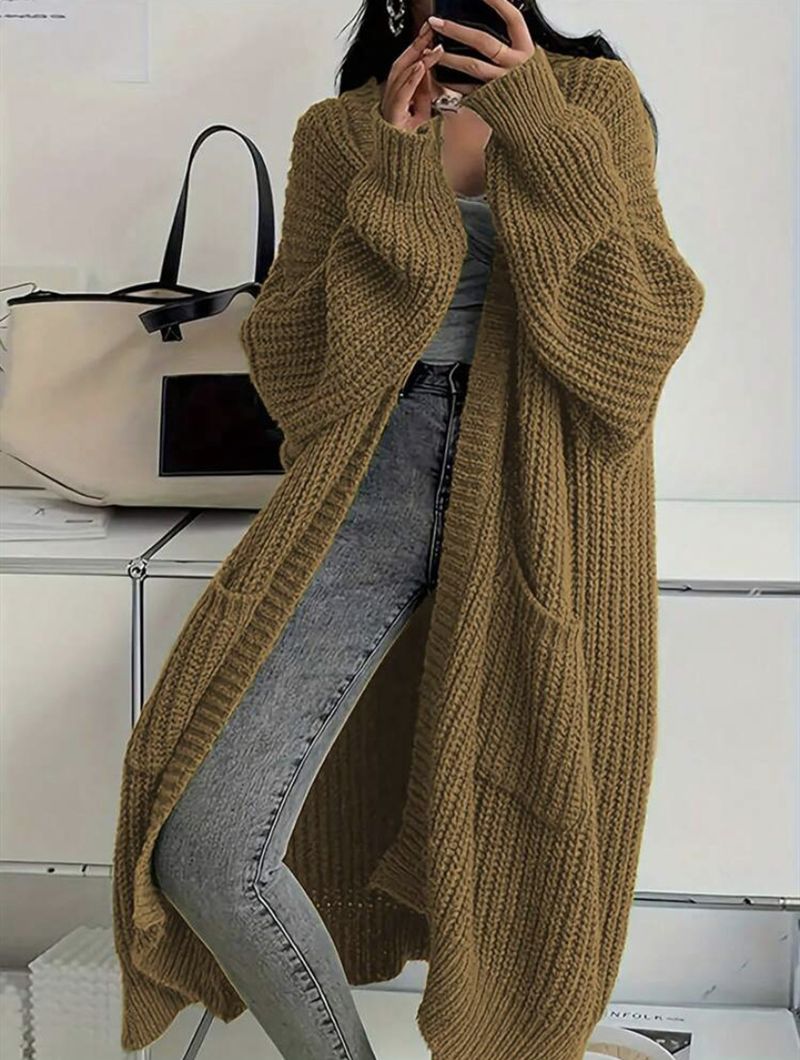 Oversized Longline Knit Cardigan For Women – Cozy Open-Front Sweater Coat With Extra Length, Thick Acrylic Blend For Autumn & Winter_voghion.com
