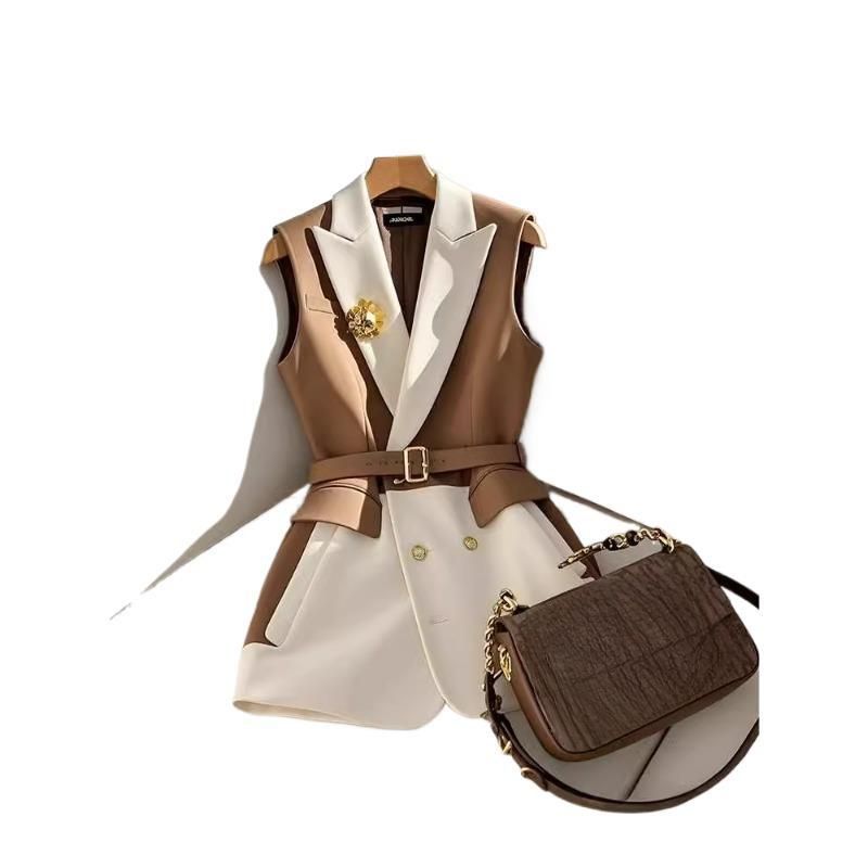 Frühling Sommer Jacke Weste Farbe Block Kaffee Ärmellose Blazer Weste Retro Weibliche Oberbekleidung Alle-spiel Mode Büro Dame_voghion.com