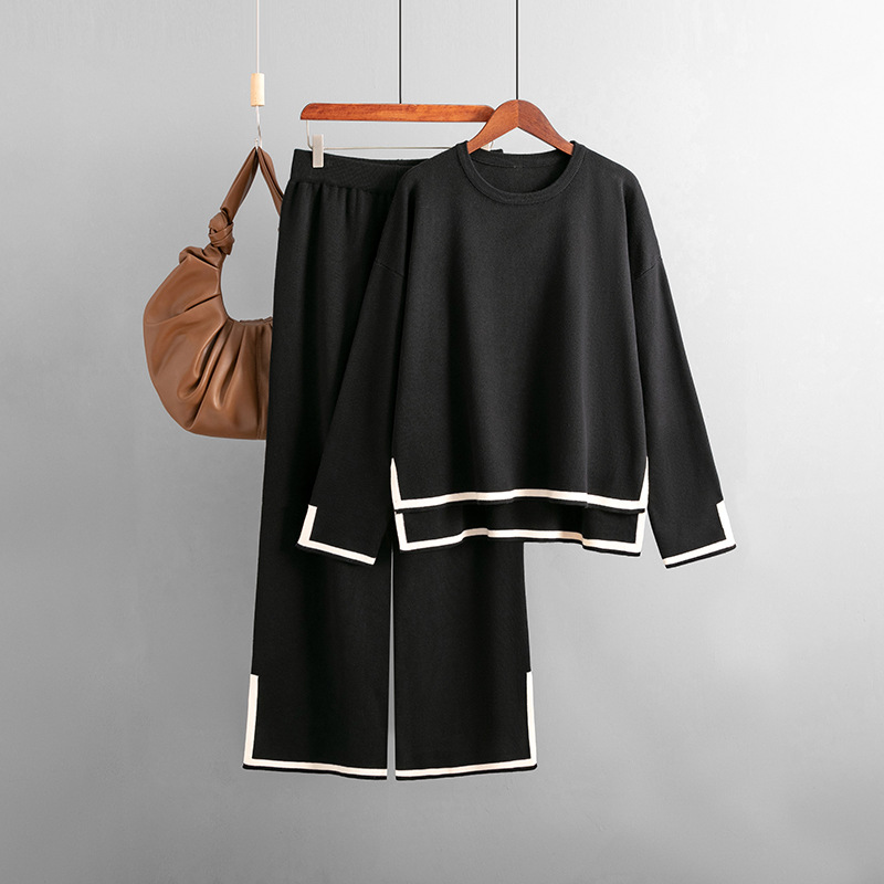 Abbigliamento donna autunno e inverno nuovo stile temperamento contrasto colore fessura abito lavorato a maglia a maniche lunghe vita alta pantaloni larghi a gamba larga set due pezzi_voghion.com