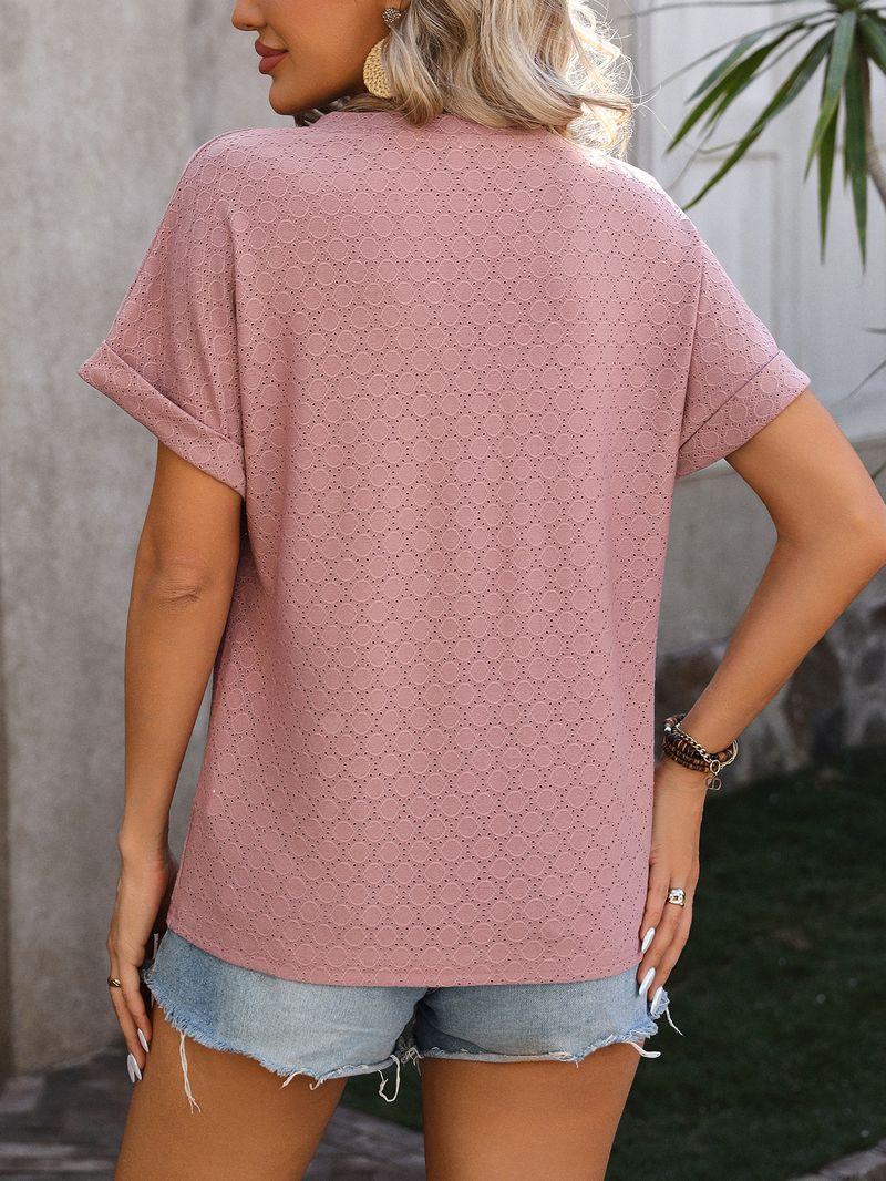 2024 Spring And Summer New V-Neck Button Solid Color Dot Loose Short-Sleeve T-Shirt For Women_voghion.com