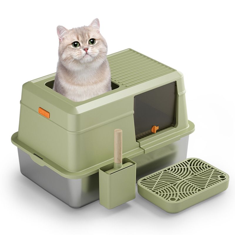 Large Fully Enclosed Stainless Steel Litter Box Deodorizing Splash-Proof Pet Supplies With Lid Cat Toilet_voghion.com