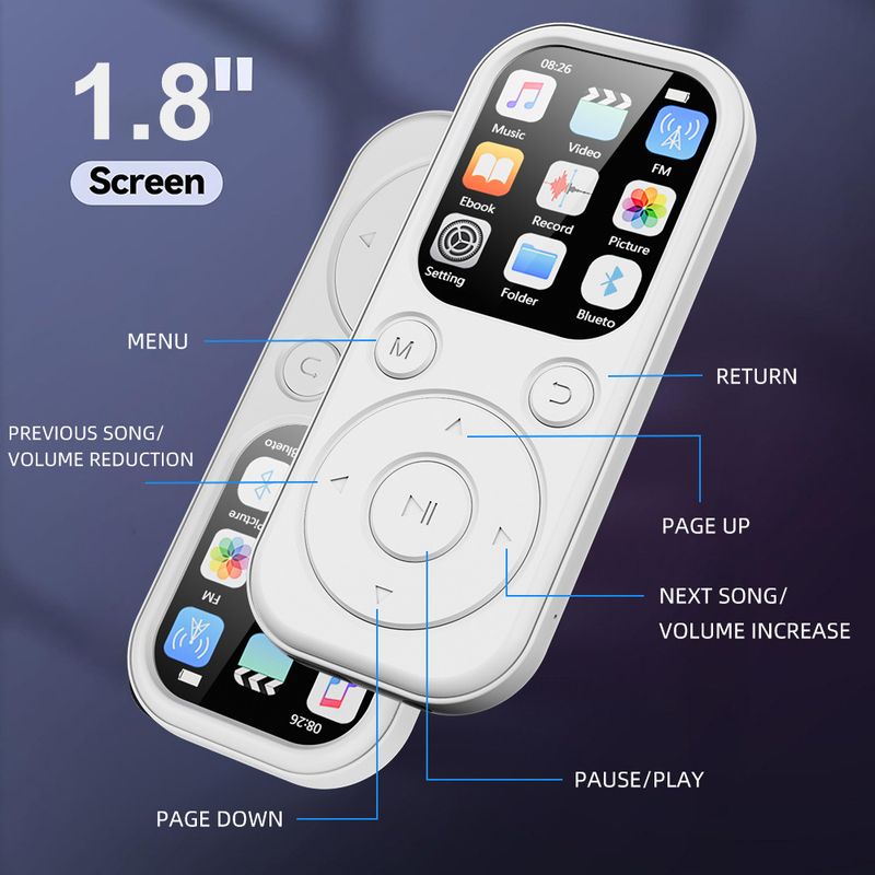 MP3 player de 1,8 polegadas Bluetooth 5.4 Walkman portátil compatível com gravação de e-books Rádio FM Player de música Cartão TF expansível_voghion.com