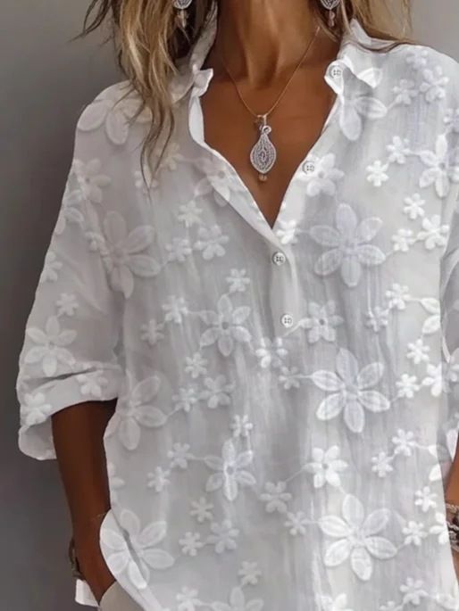 Women's Clothing Women's Casual V-Neck Short Sleeve Blouse - Solid Color Spring/Autumn Top With Button Detail & Embroidered Design_voghion.com