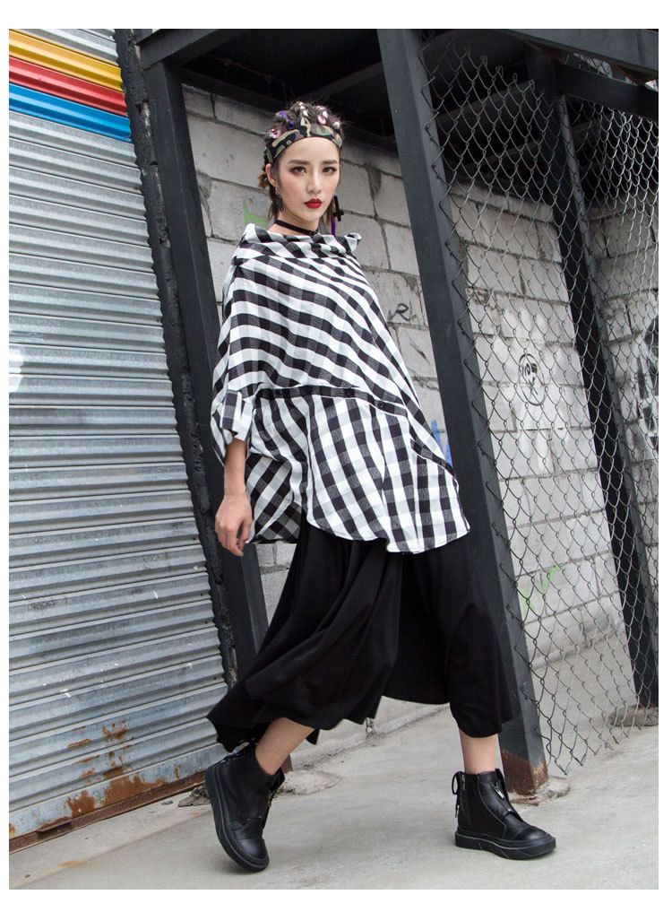 2025 Thin Women's Plaid Shirt Plus Size Unique Off-shoulder Irregular Patchwork BF Style Niche Trend T-shirt Attire_voghion.com