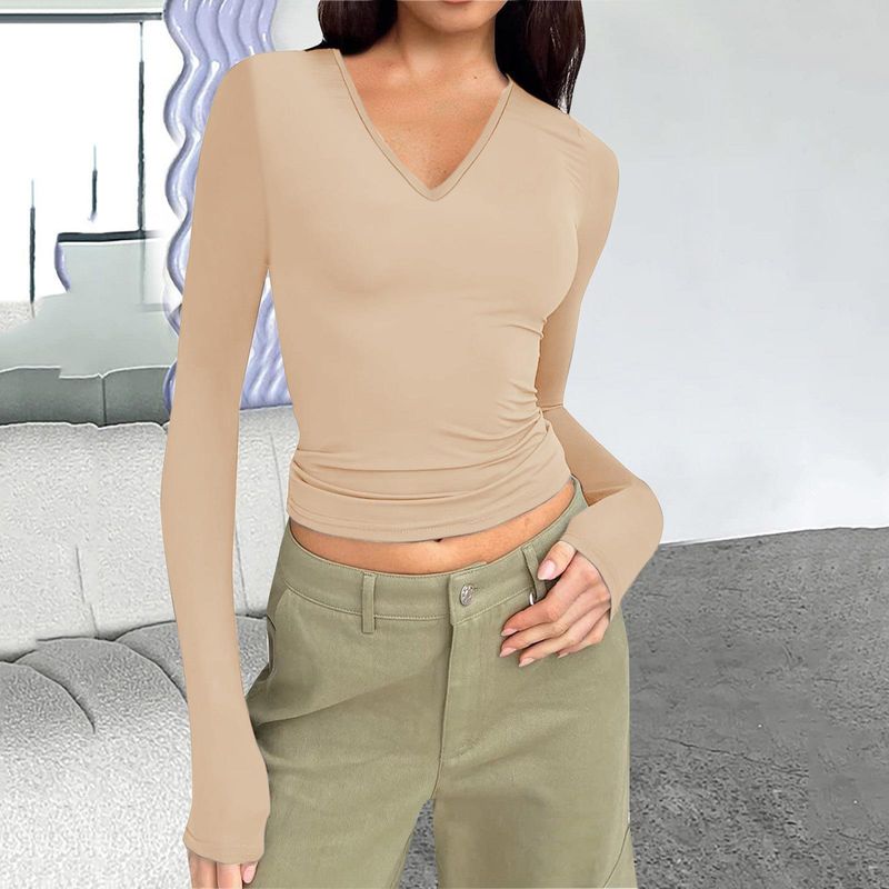 T-shirt basic slim fit da donna con scollo a V e maniche lunghe_voghion.com
