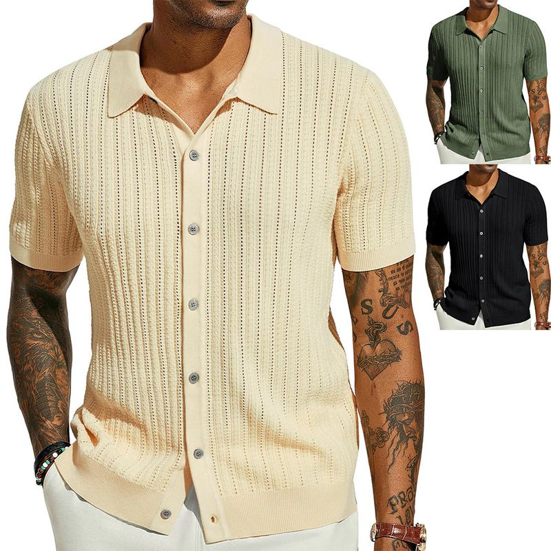 Maglietta casual estiva da uomo, a maniche corte, con risvolto, tinta unita, traspirante, in maglia._voghion.com