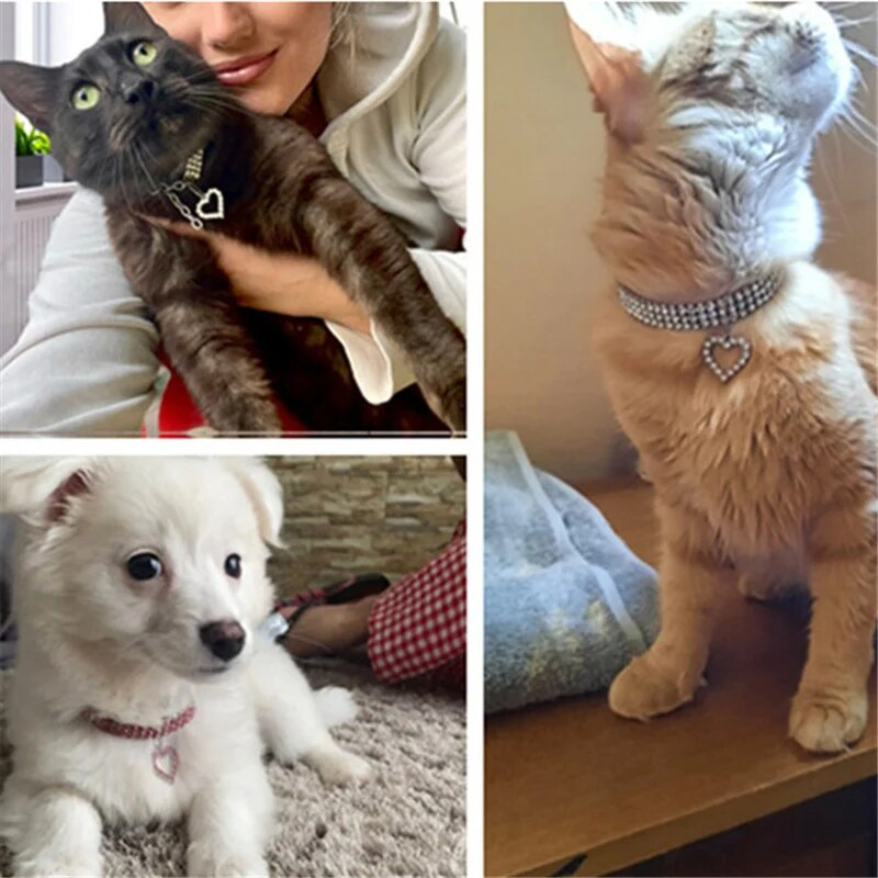 New Dog Collar Cat Three Rows Collars Rhinestone Elastic Necklace With Love Decoration Puppy Ornament For Kittens Pet_voghion.com