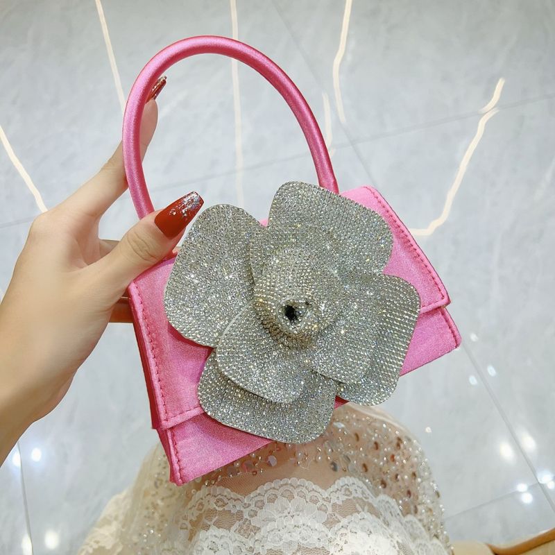 Nuova borsa da sera a tracolla piccola quadrata con strass lucidi e fiori di rosa da donna, modello Socialite_voghion.com