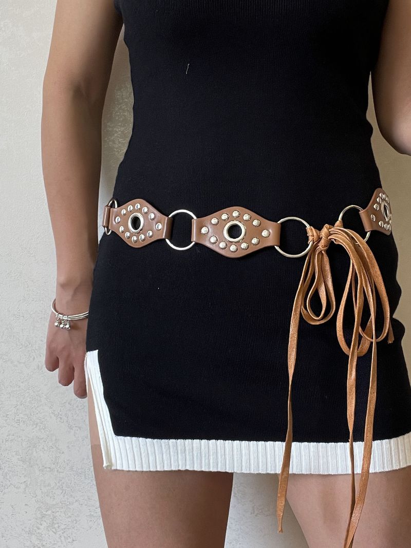 American Style Y2K Spicy Girl Round Ring Leather Patchwork Belt Black Rivet Metal Buckle Design Sense Tie Waist Rope_voghion.com