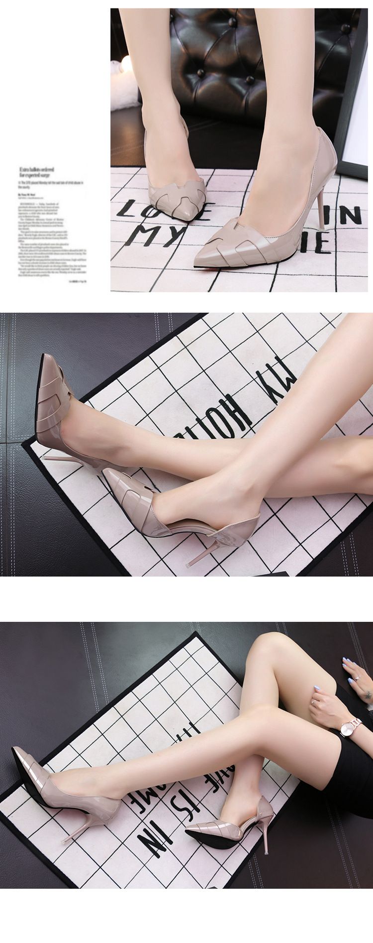 6090-1 Korean version slimming women's shoes with thin high heels, side hollowed out pointed solid color patent leather,_voghion.com