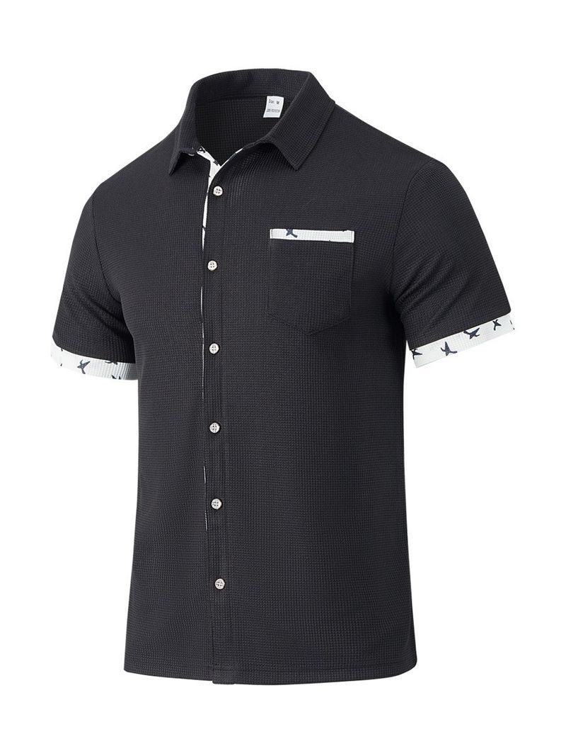 Camicia da uomo a maniche corte con risvolto, casual, in tessuto a nido d'ape, con bottoni e tasche_voghion.com