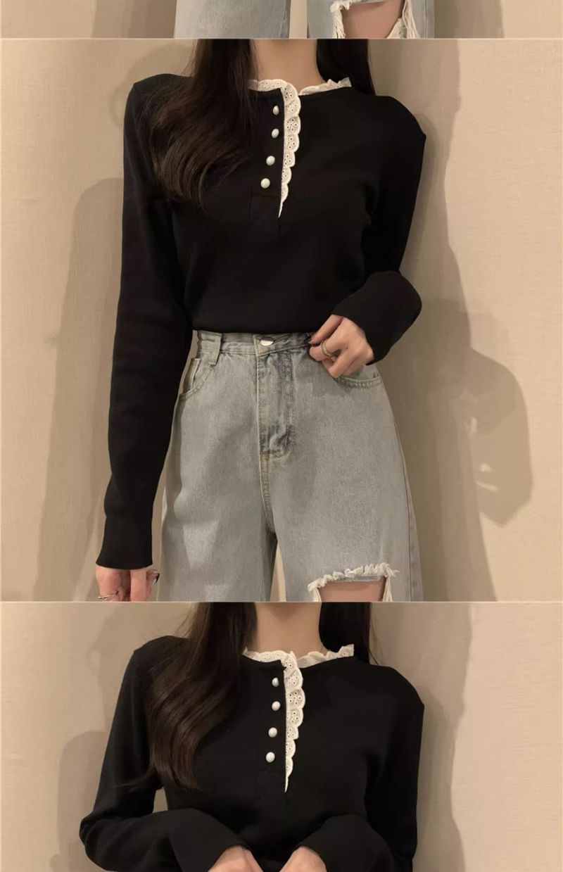 Dolce maglione in stile western con design unico, maglia a maniche lunghe con base in albicocca e pizzo con orecchie di legno, autunno e inverno_voghion.com