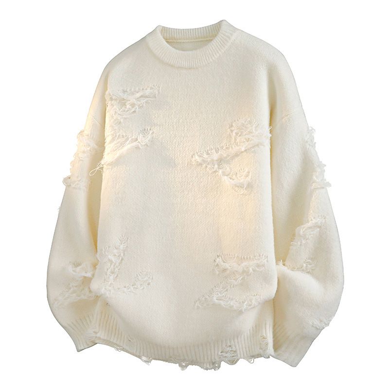 Crewneck Sweater Men's Autumn And Winter Fashion Tassel Loose Knitted Sweater Japanese Style Retro Lazy Sweater Jacket_voghion.com