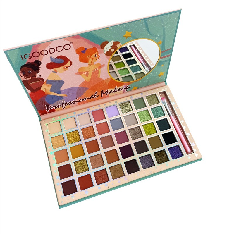 Placa de sombra de ojos multicolor mate perlado de 40 colores con patrón de niña hermosa y bonita con pincel_voghion.com