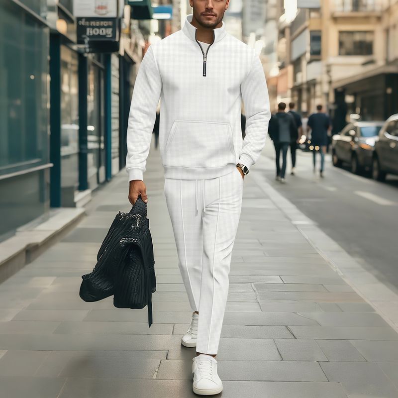 Herren-Set aus Waffelstrickpullover mit halbem Reißverschluss und Hose – lässiges Lounge-Outfit mit langen Ärmeln für den Herbst (Schwarz, Grau, Khaki, Weiß, Blau)_voghion.com