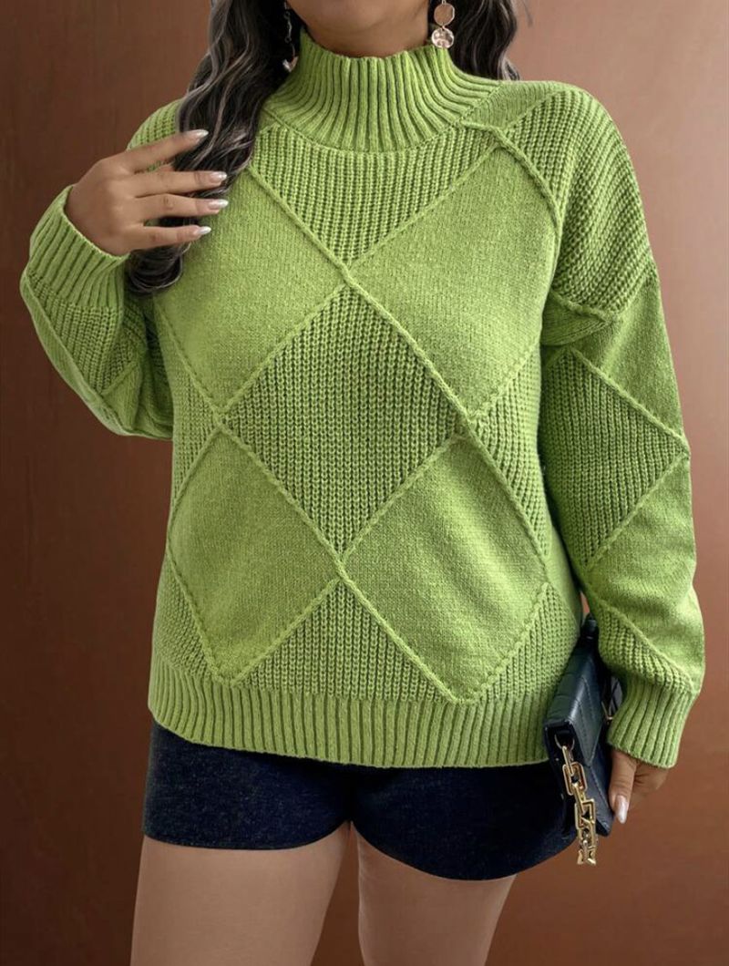 Cesur Geometrik Örgü Kazak - 3D Jakarlı Büyük Boy Yüksek Yaka Kazak (S-XL, Akrilik-Naylon Karışımı, Dondurma Renk Paleti)_voghion.com
