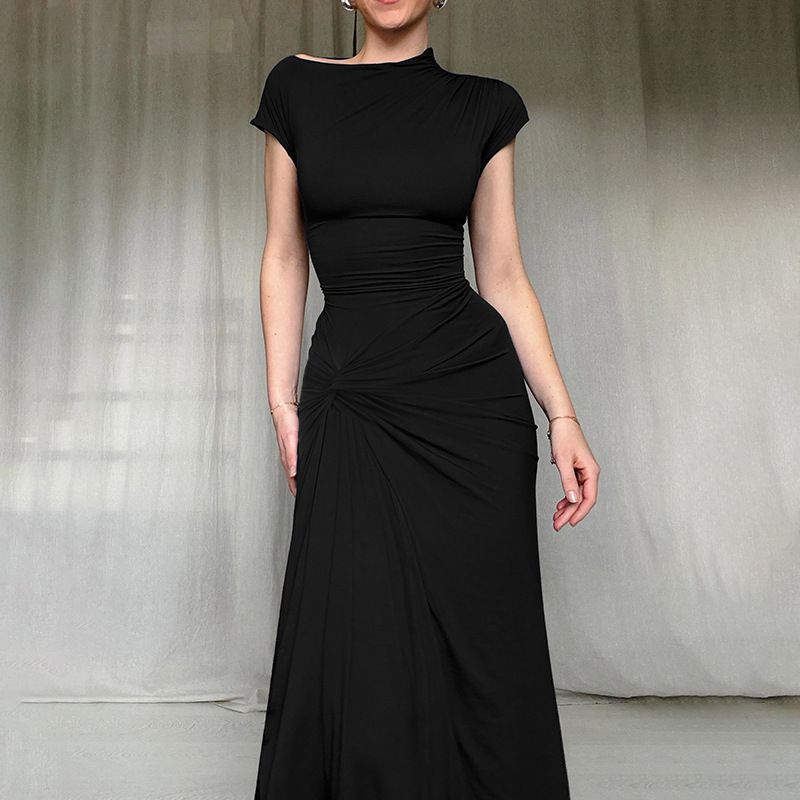XY24158 Été 2024 Nouvelle robe longue coupe slim avec taille cintrée sexy, manches courtes torsadées et fendues_voghion.com
