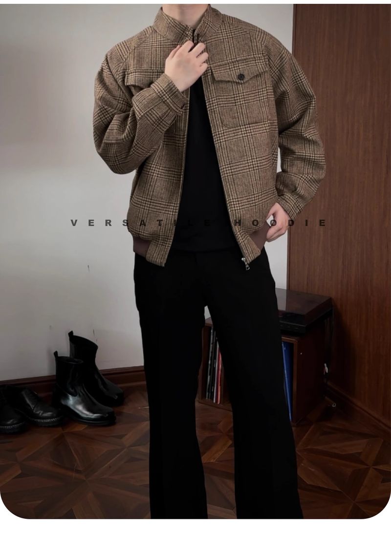 Klassische karierte Harrington-Jacke für Herren – Wollmischung, bequeme Passform, Stehkragen, Reißverschluss vorne, lange Ärmel, lässige Oberbekleidung für Herbst und Frühling_voghion.com