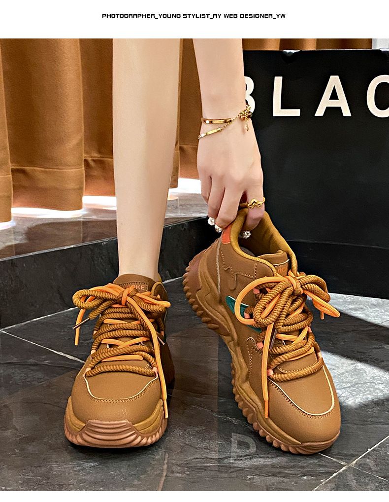 Bottes mi-hautes à plateforme pour femmes, chaussures de papa à plateforme, bottes d'alpinisme à lacets, chaussures décontractées pour femmes_voghion.com