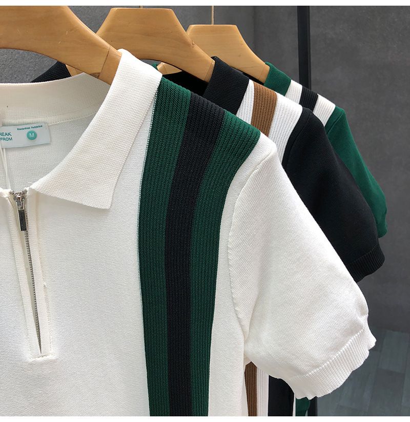 Herrenbekleidung Freizeit Ice Silk Slim Herren Vertikal Gestreiftes Revers Gestricktes Kurzarm T-Shirt Business_voghion.com