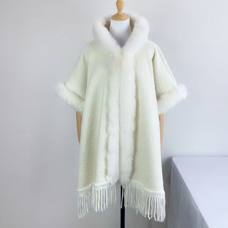 girl Girl Plus Size Fur Collar Coat Shawl Hooded Fleece Lined Mid-Length Thickened New Tassel Cape Autumn Winter Plaid_voghion.com