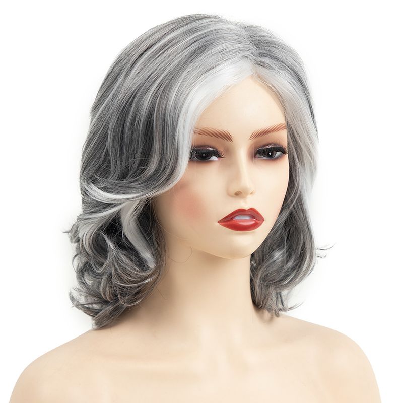 Peluca sintética con clip para mujer, color gris plateado, corta y rizada, con flequillo lateral, moderna y esponjosa, con red interior rosa._voghion.com