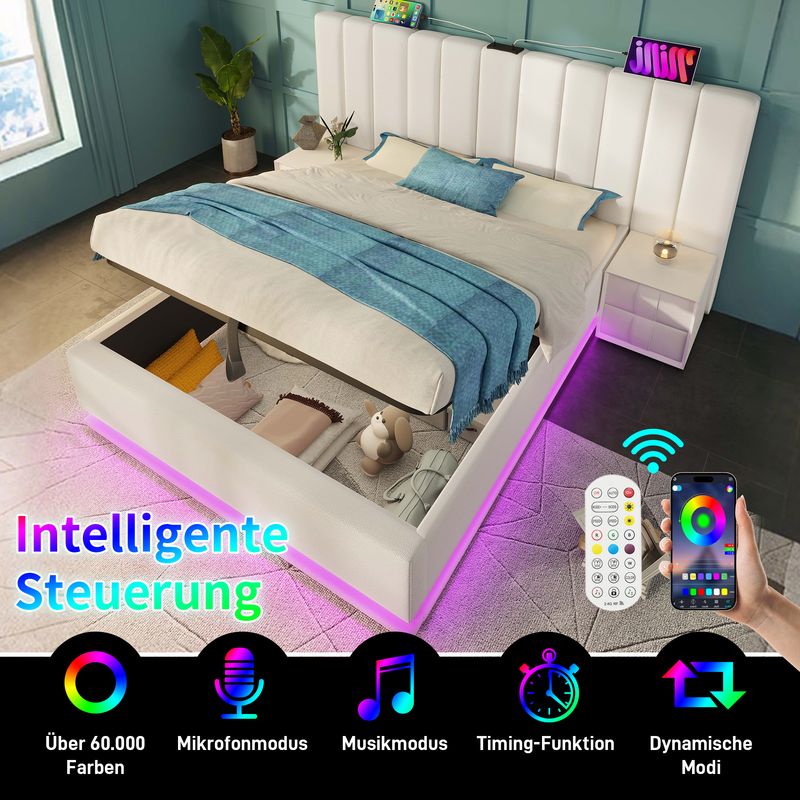 Lit double 160 x 200 cm avec rangement intégré, éclairage LED et recharge USB-C via application, sommier à lattes et matelas inclus, similicuir, blanc_voghion.com