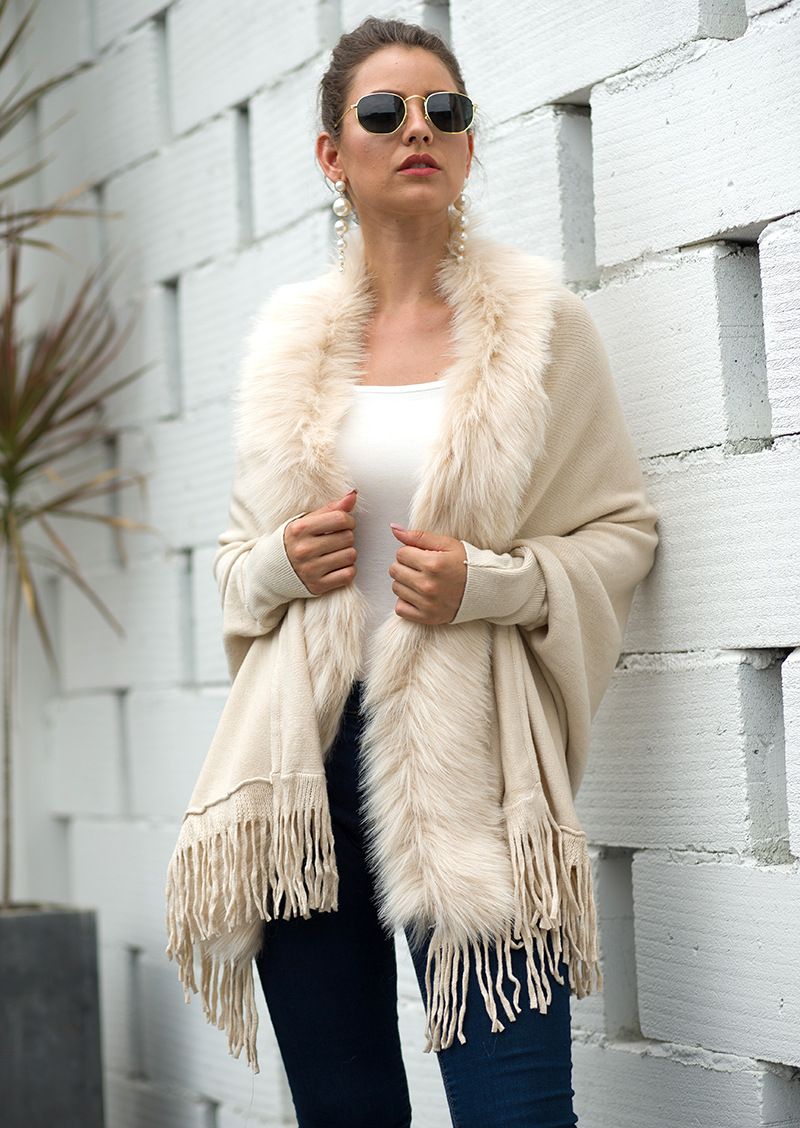 Maglione cardigan tinta unita in stile europeo e americano, autunno e inverno, con nappa e collo in pelliccia_voghion.com
