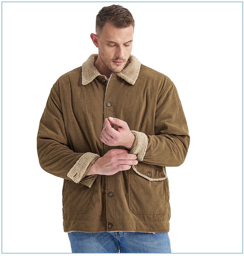"Herrenjacke aus Cord und Lammfell mit Revers – Plüschiger, dicker Mantel in großer Größe (Schwarz/Grün/Hellbraun, S-XXL)"_voghion.com