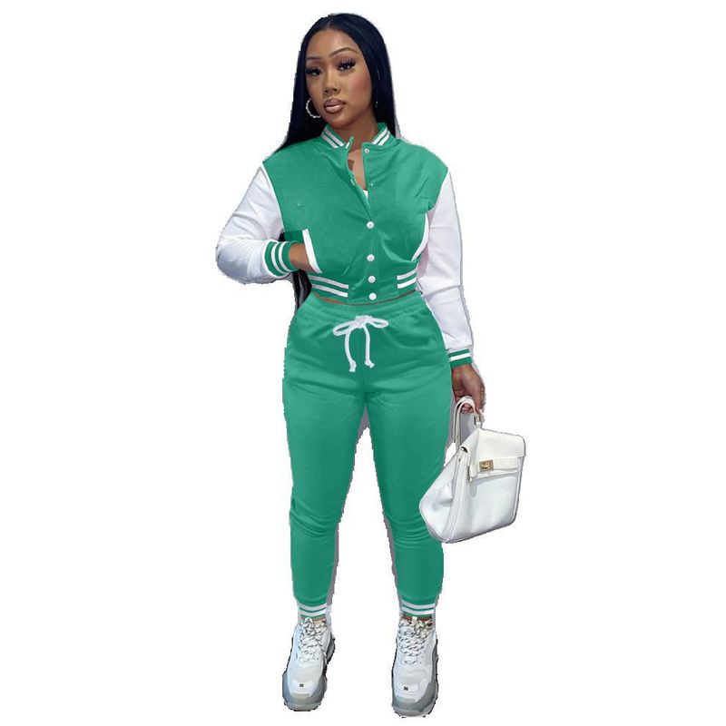 Women's Clothing women's patchwork jacket single breasted baseball suit women's sports two piece set_voghion.com