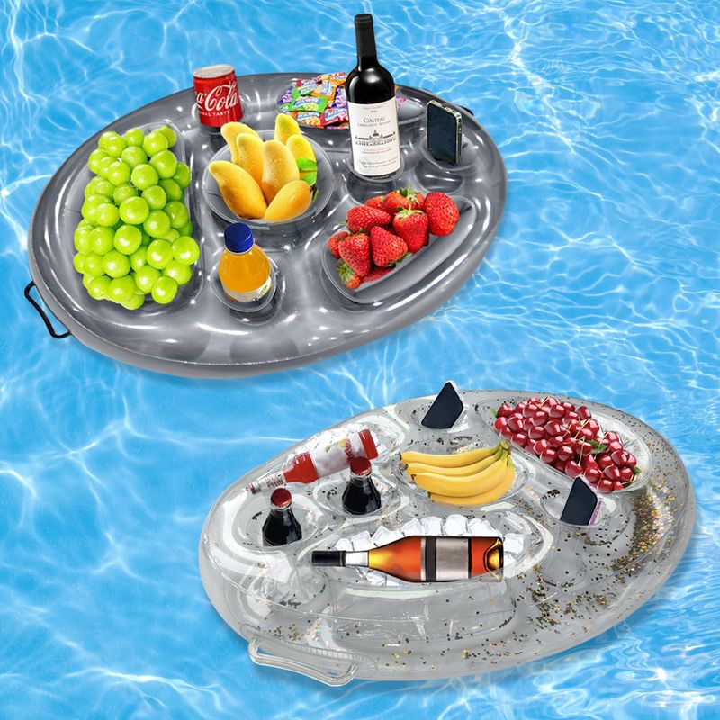 Inflatable Floating Thickened PVC Cooler & Drink Holder (Multi-Functional Design Fits 6 Cups + Ice Compartment Includes Repair Kit & Anchor Rope)_voghion.com