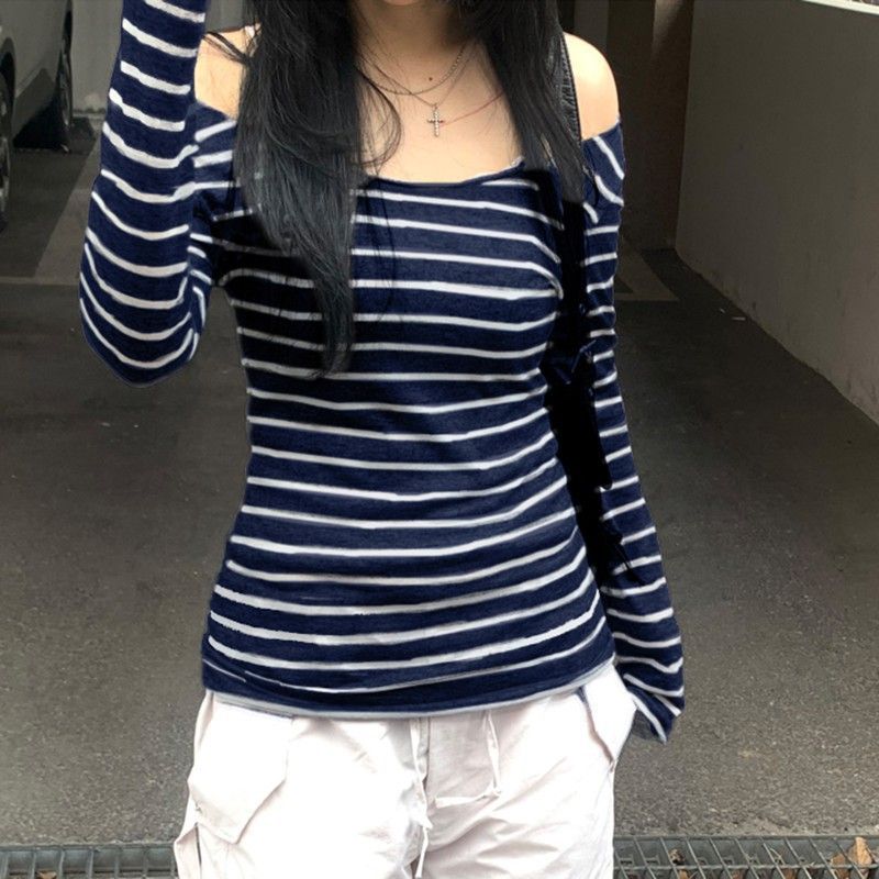 Gestreiftes, schulterfreies Langarm-Oberteil im Lazy Style Niche-Stil, vielseitiges, leichtes Cover-Up-T-Shirt zum Abnehmen_voghion.com