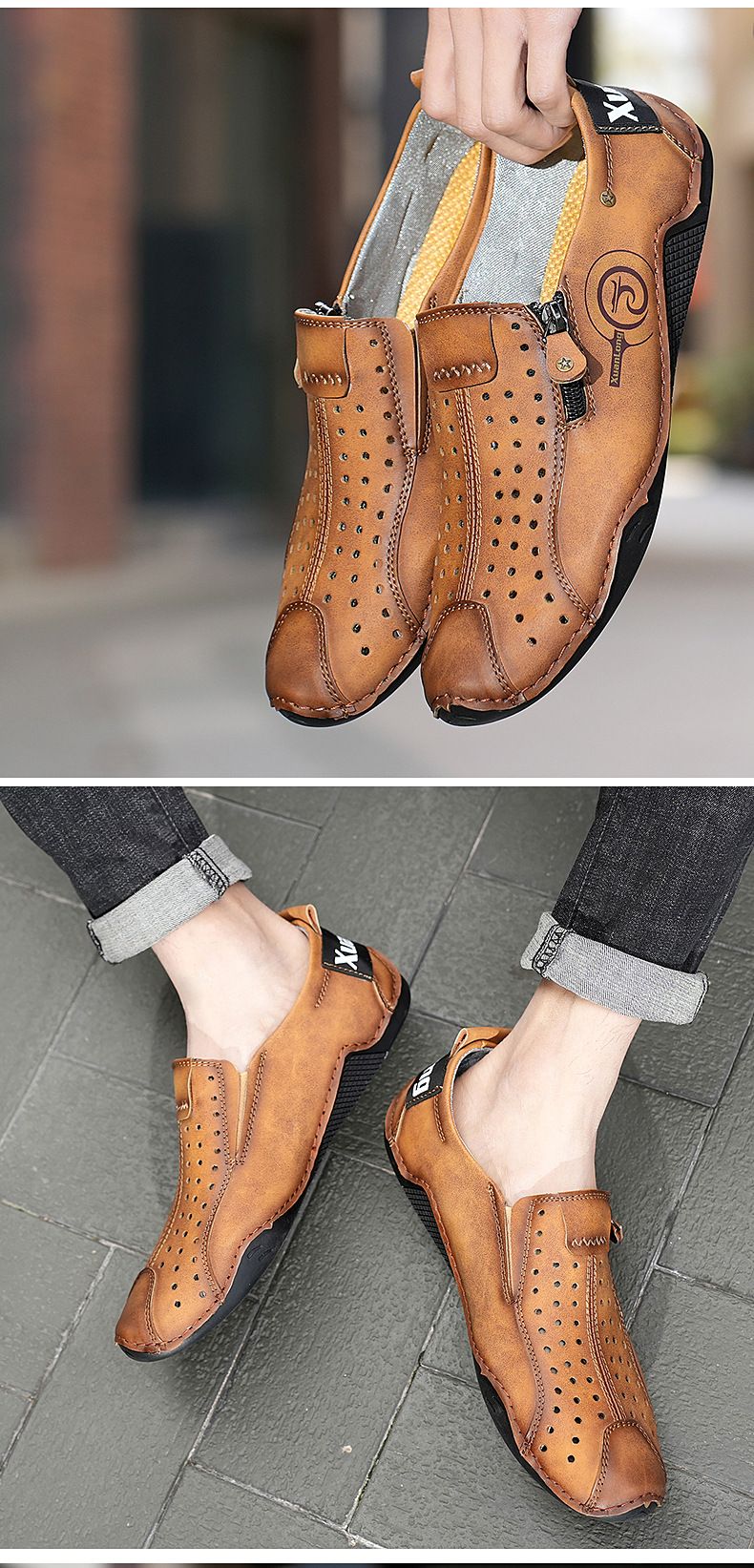Spring and summer 2024 new oversized perforated breathable casual bean shoes, zipper men's shoes_voghion.com