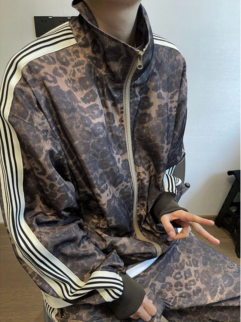 Men's Clothing Retro Leopard Print Sports Suit Jacket Trendy Brand Men's Vintage Digital Print Striped Jacket Sweatpants_voghion.com
