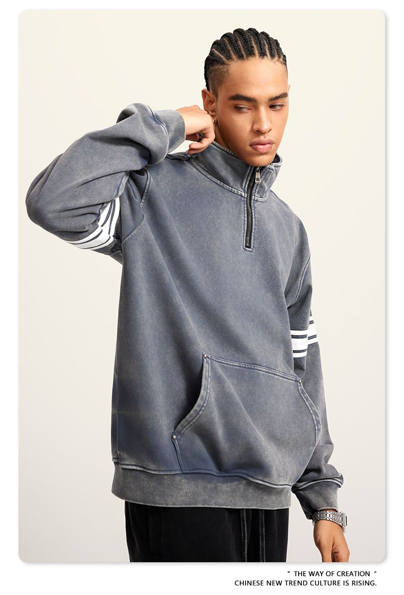 Herrenbekleidung: Verwaschenes, halbgeschnittenes Kapuzenpullover-Oberteil mit Rollkragen und lässigem Stil_voghion.com