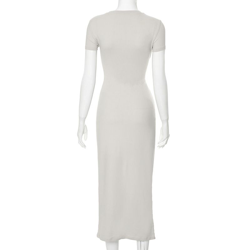 Abito da donna alla moda, a maniche corte, aderente, con scollo rotondo, tinta unita_voghion.com