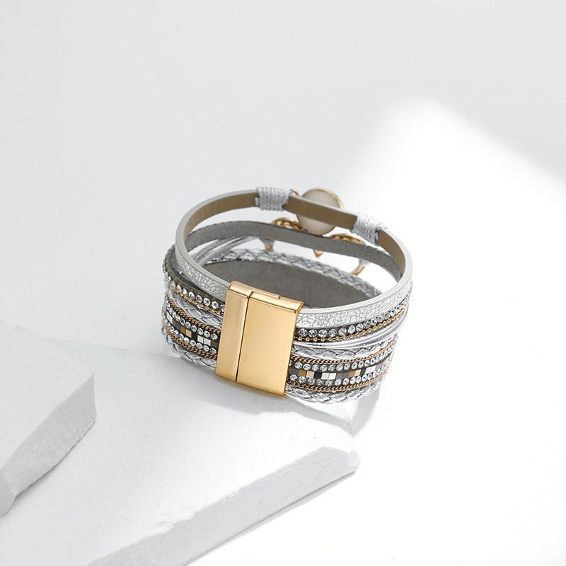 Set di bracciali a strati bohémien - Bracciale rigido regolabile a cuore aperto e catena con perline_voghion.com