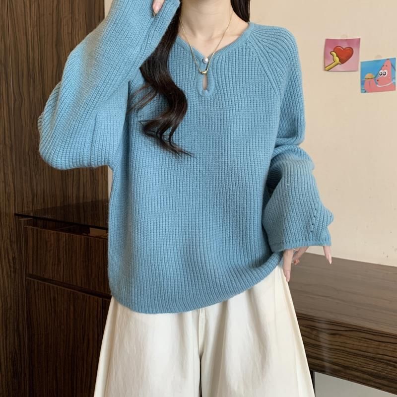 Frühherbst 2024, schulterlanger langärmeliger Strickpullover, dick mm, lockere Passform, Schlankheitseffekt, innere untere Schicht,_voghion.com