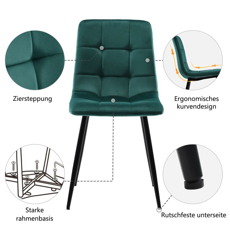 Set 5-teiliges Esstisch, Ronder Tisch (Ø100 Cm) Mit Schwarzen Beinen, Weiße Platte, 4 Grüne Samtstühle_voghion.com