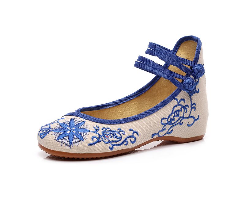Merge Low Order Blau-Weiß-Porzellan, Flache Rindsledersohle, Bestickter Stoff, Damen-Mutterschuhe, Tanz_voghion.com