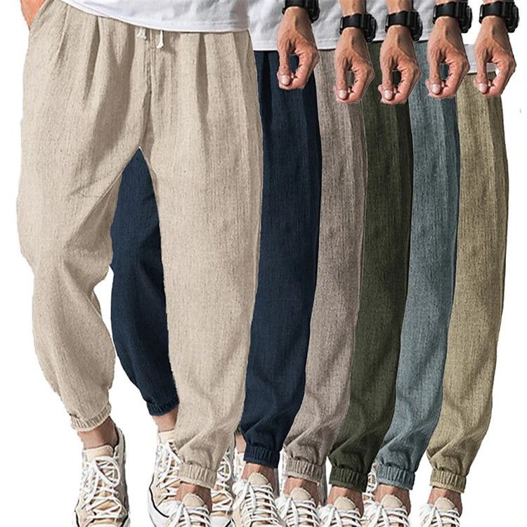 Herrenbekleidung Herren-Jogginghose aus Baumwoll-Hanfseil mit elastischer Taille und Vordertasche, einfarbig, bequeme, lässige Hose mit lockerem Bein_voghion.com