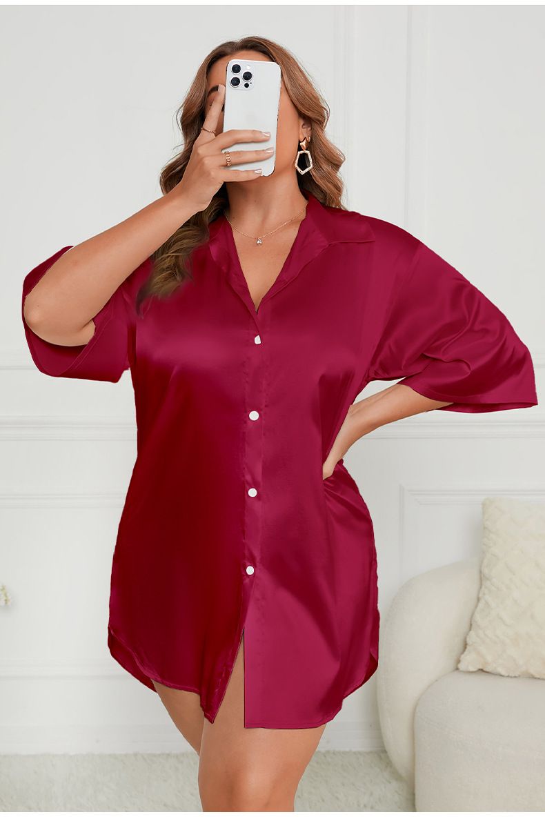 Large Size Ice Silk Nightdress Women's Loose Short Sleeve Shirt Skirt Loungewear Women's_voghion.com