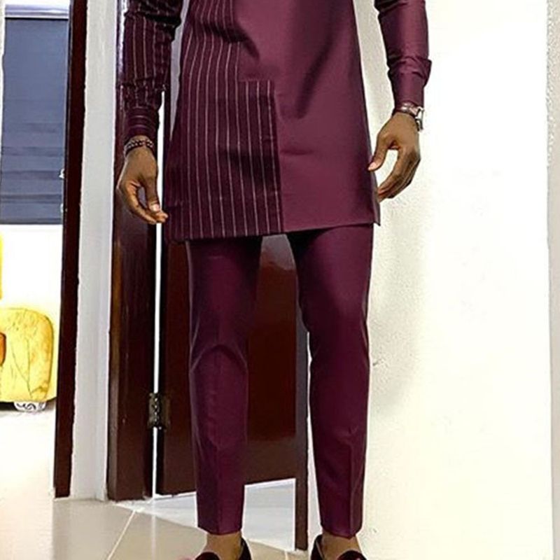 Herrenbekleidung Dunkelroter Robe-Hemd-Hosen-Anzug mit Rundhalsausschnitt im Ethno-Stil_voghion.com