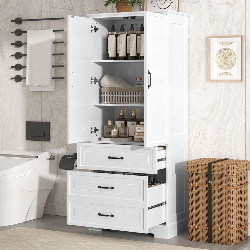 Tall Bathroom Storage Cabinet,Cabinet With Two Doors And Drawers,Adjustable Shelf,MDF Board,White_voghion.com