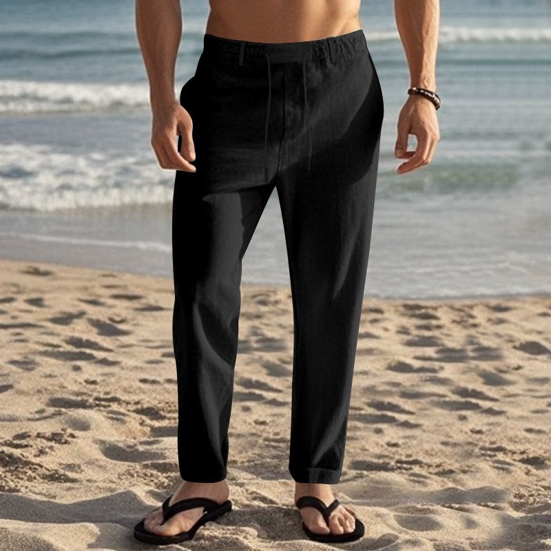 "Freizeithose aus Leinen für Herren - Atmungsaktive Sommerhose mit gerader Passform für Outdoor- und Strandkleidung (Weiß, Schwarz, Grau, Khaki, Armeegrün)"_voghion.com