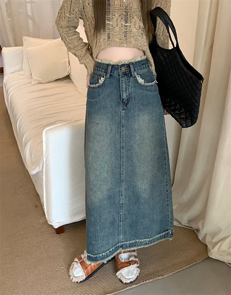 Fino Instagram Verão Cintura Alta Corpo Pequeno Denim A-line Design de Borda Desfiada Sensação Reta Tubo Envolto Quadril Comprimento Médio_voghion.com