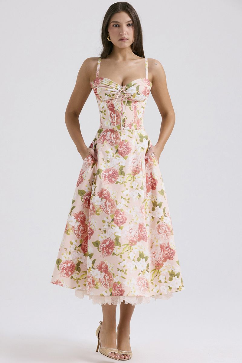 Rochie lungă cu bretele florale subțiri, cu temperament transfrontalier european și american_voghion.com