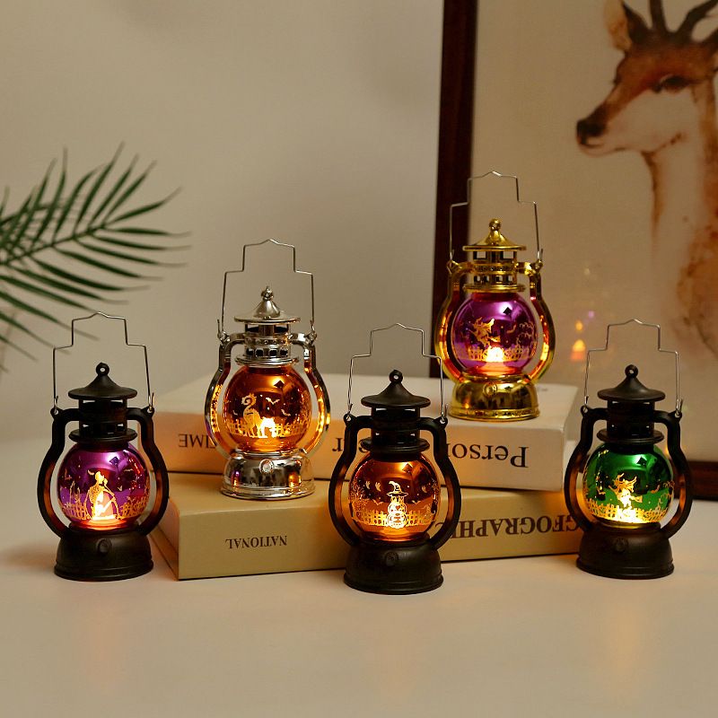Vintage Halloween Laser Pumpkin Lantern - Witch, Skull & Pumpkin Design, Decorative LED Oil Lamp For Party, Bar & Home Decor_voghion.com
