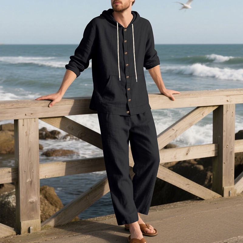 Men's Linen Hooded Shirt & Pants Set - Breathable Beachwear For Spring & Summer Fashion Trends Hot-selling_voghion.com